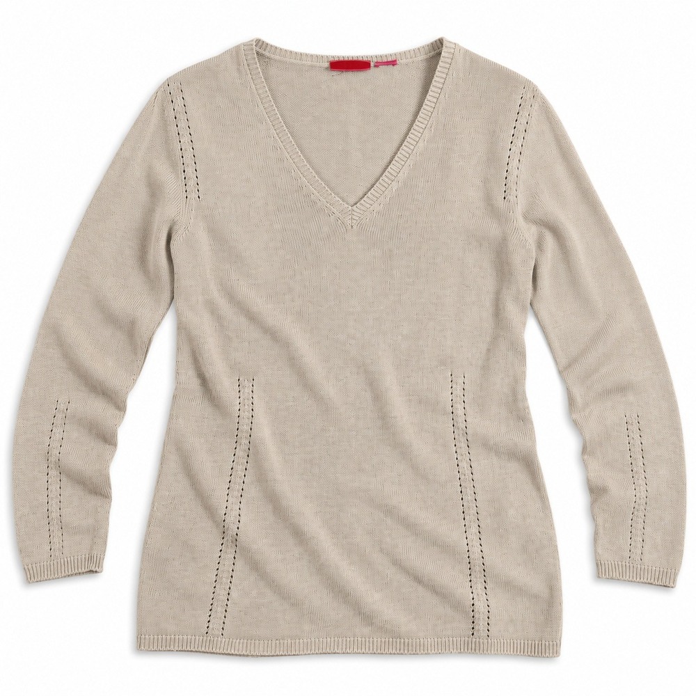 HUGO Womens Medium V Neck Knit Tunic Sweater Beige Long Sleeve Pullover